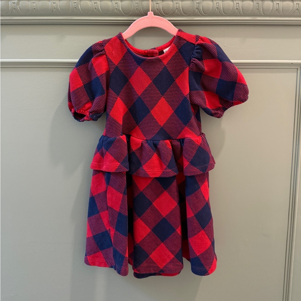 Janie and Jack Red and Navy Diamond Plaid Puff Sleeve Dress 3T